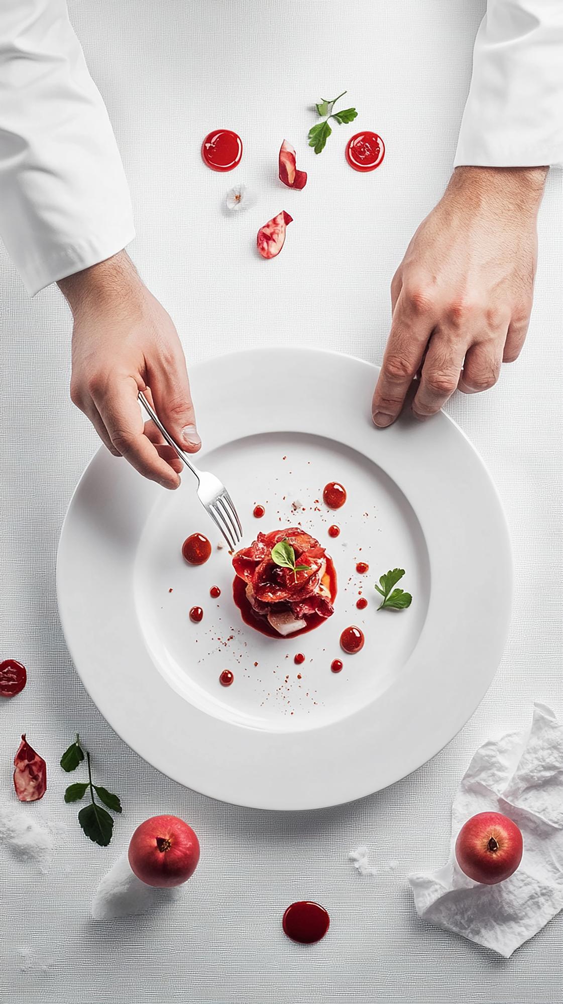 Chef preparing plated dish in elegant kitchen